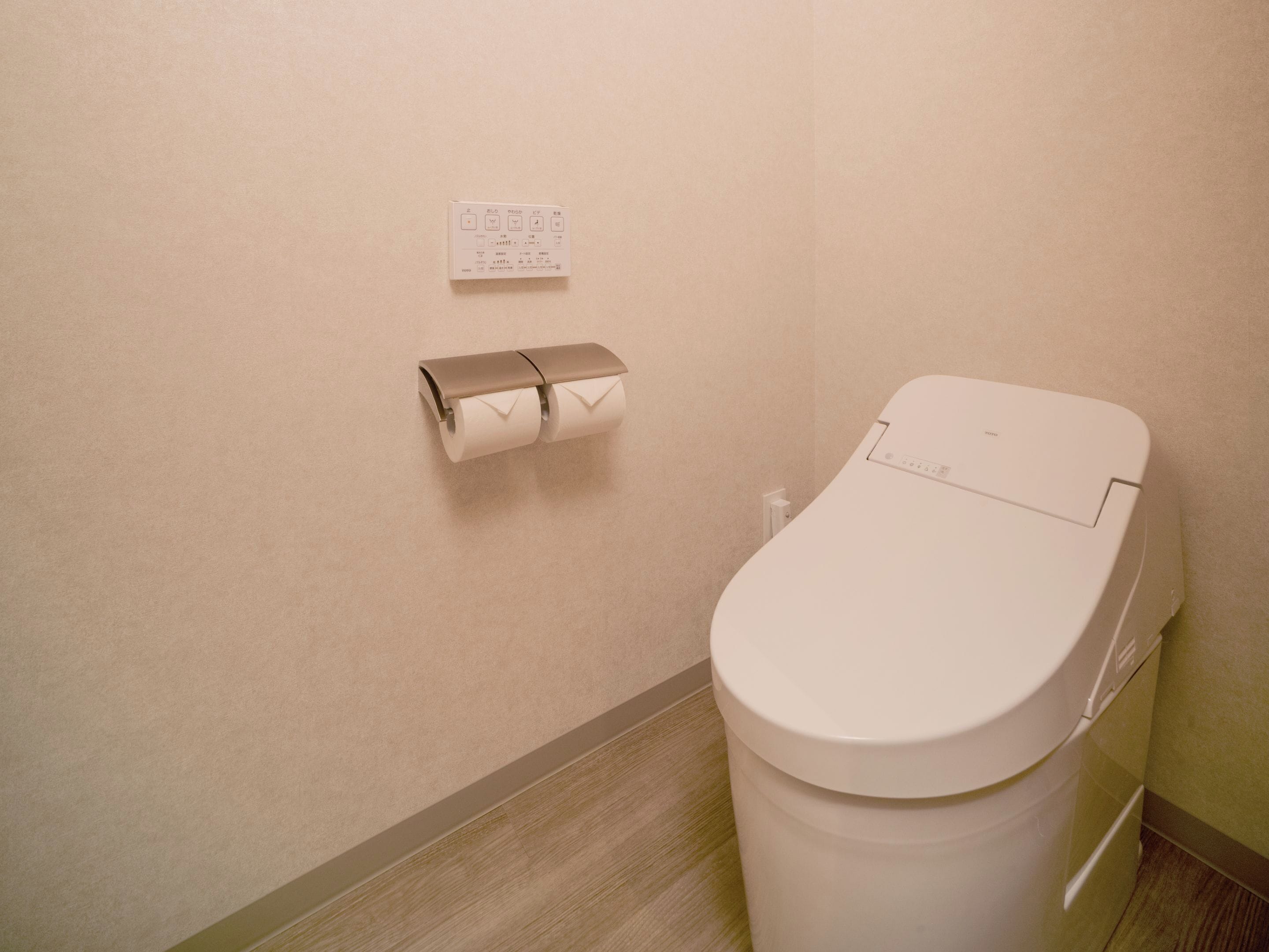 A toilet with a white lid and a flush button, a toilet paper holder on the wall, and a power outlet.