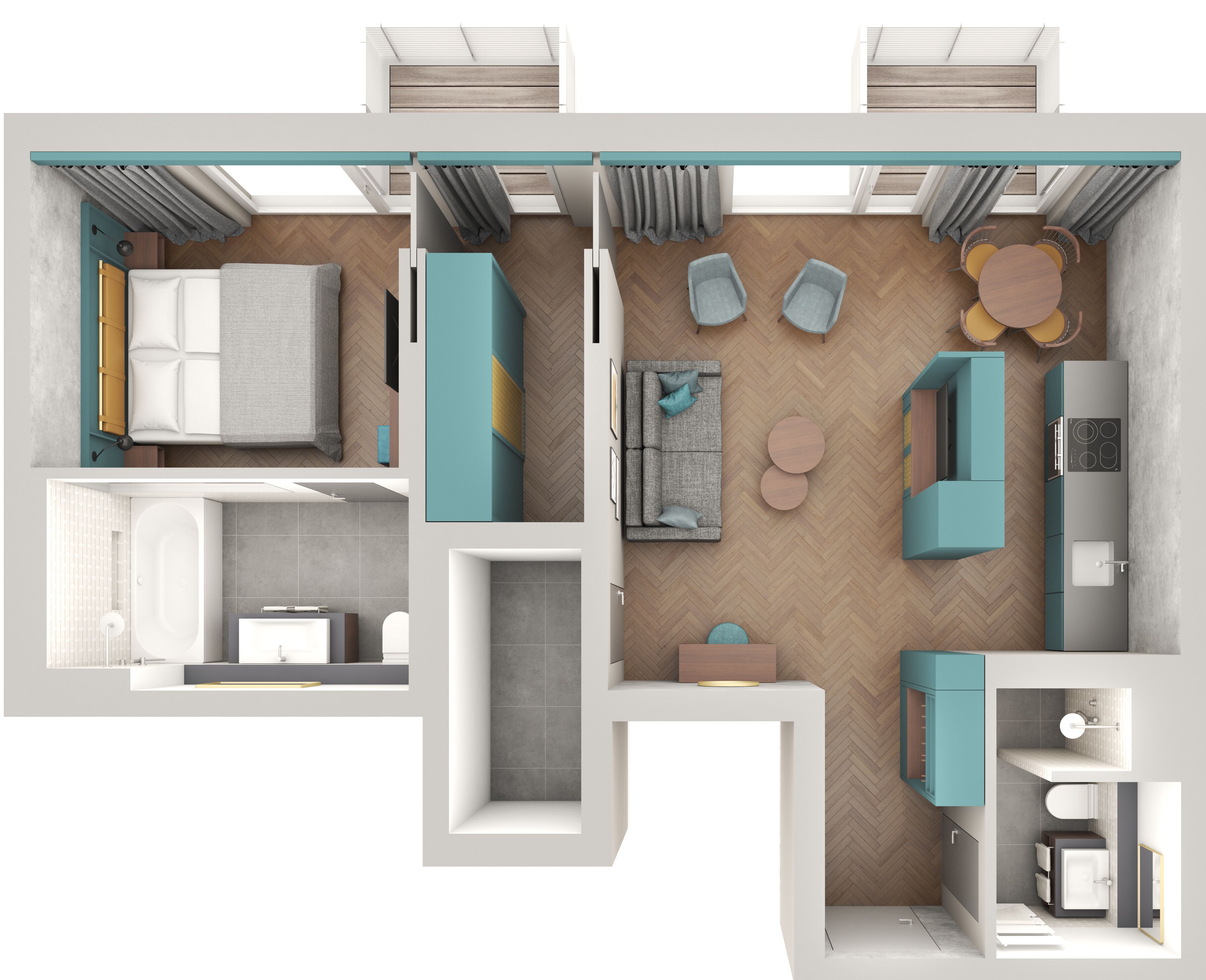 Un appartement moderne comprenant un espace de vie, une cuisine et une salle de bain.
