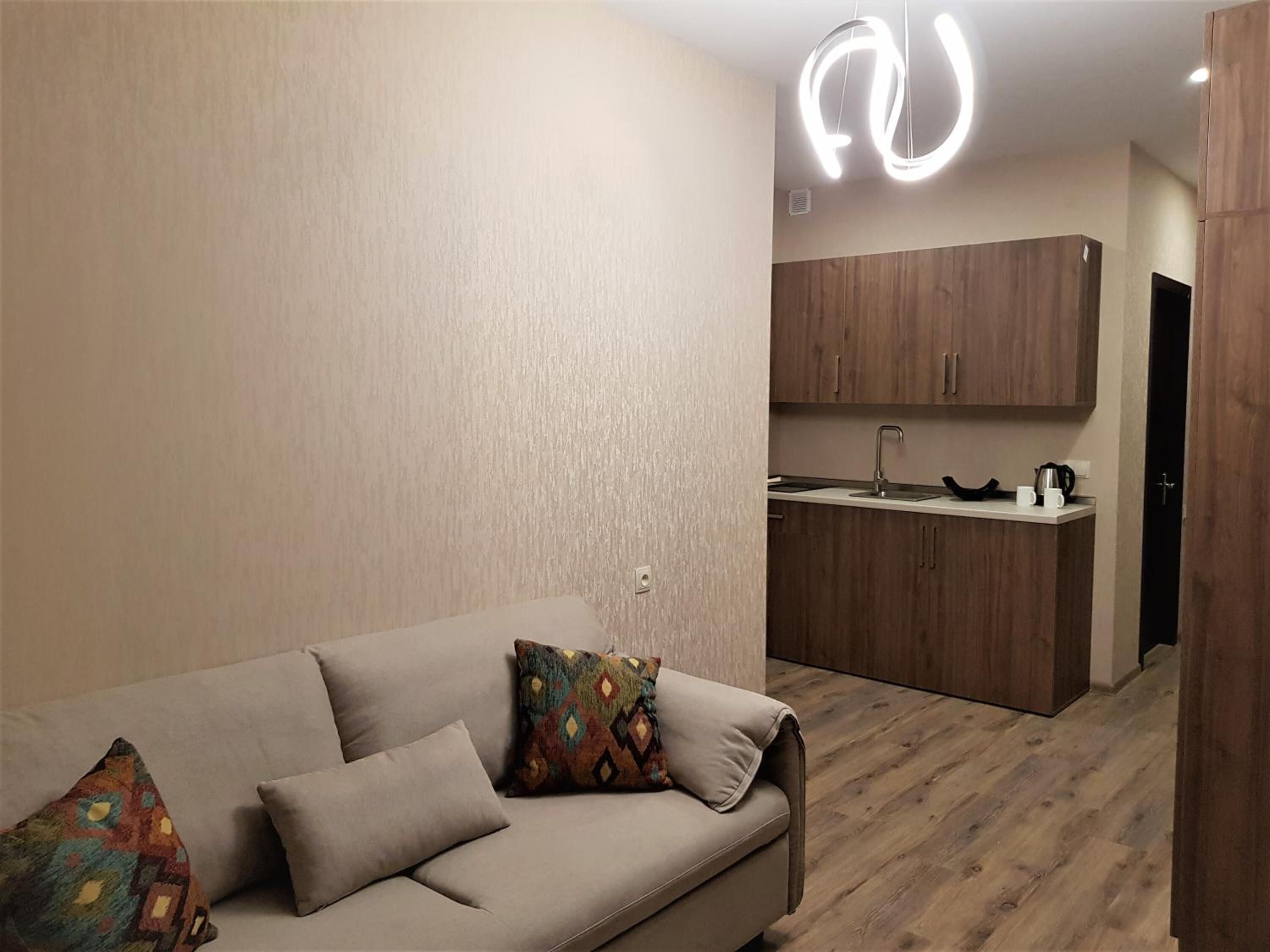 A modern living room with a sofa and colorful pillows, a wooden floor, and a kitchen area with wooden cabinets and a sink.
