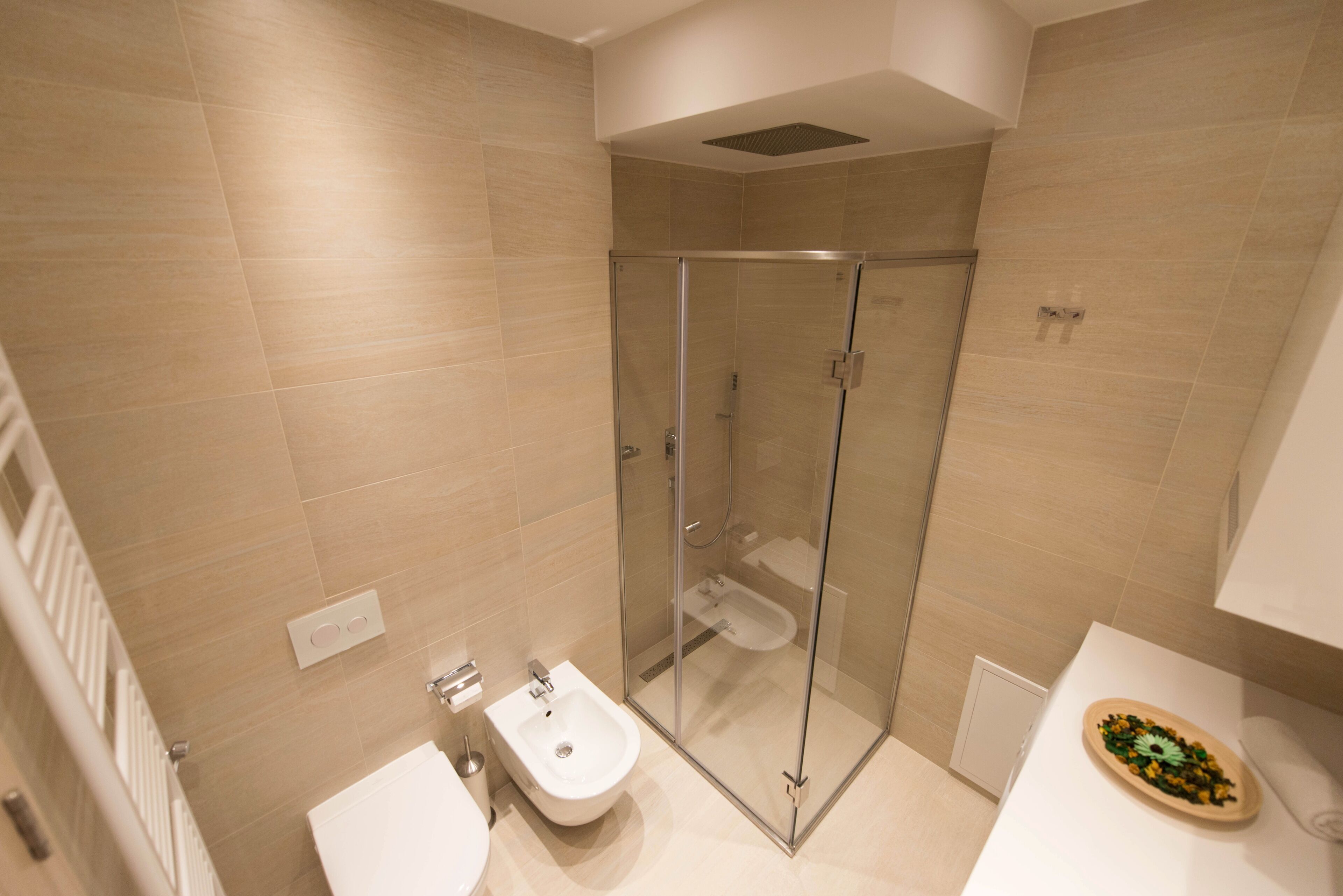 A modern bathroom with a glass-enclosed shower, a white sink, and a decorative plate on the counter.