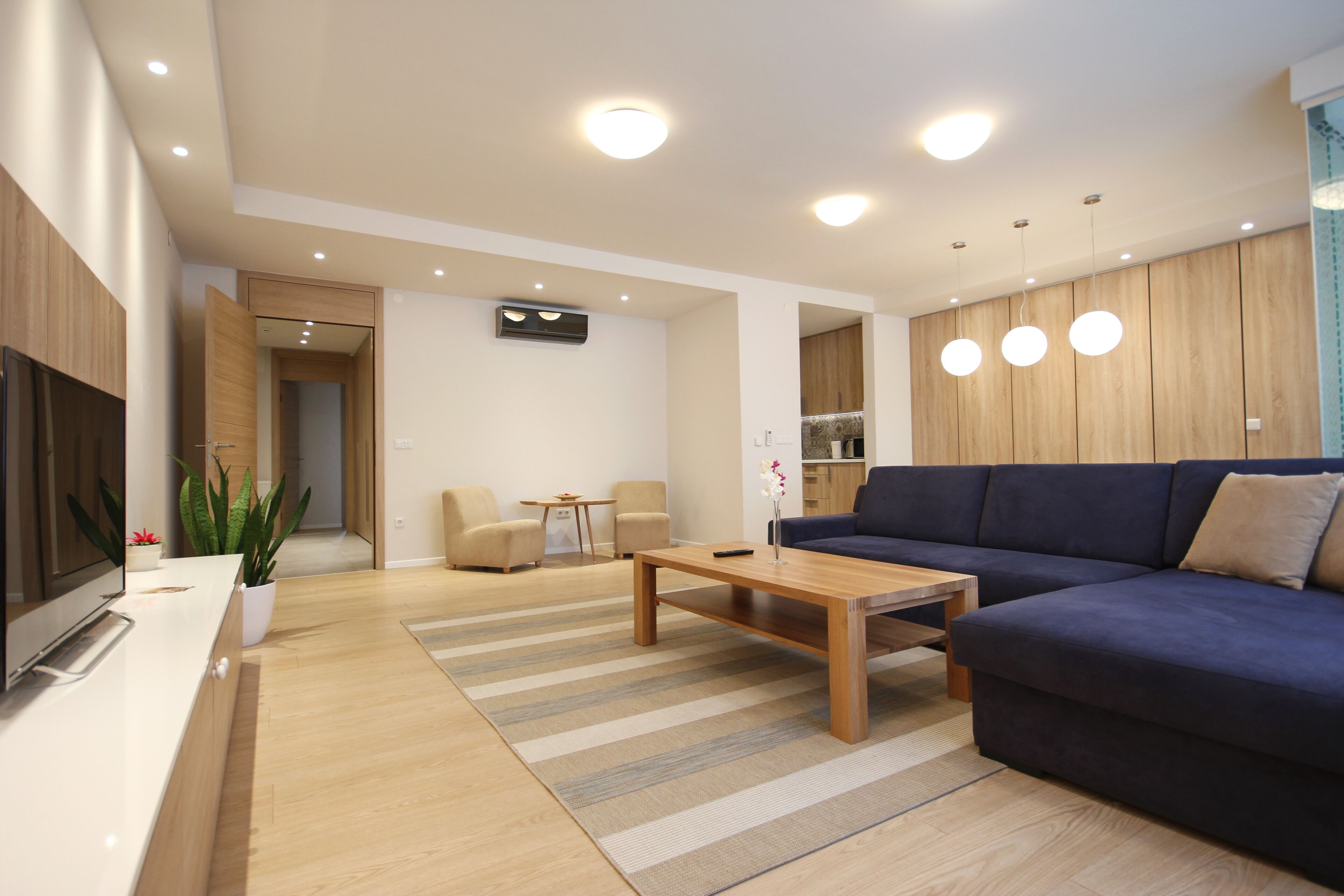 Una sala de estar moderna con un sofá, una mesa de centro y un televisor. Se observan armarios de madera y una zona de cocina al fondo.