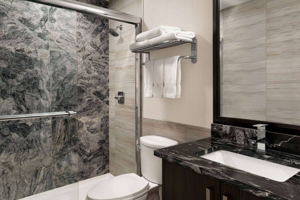 free toiletries, hair dryer, towels