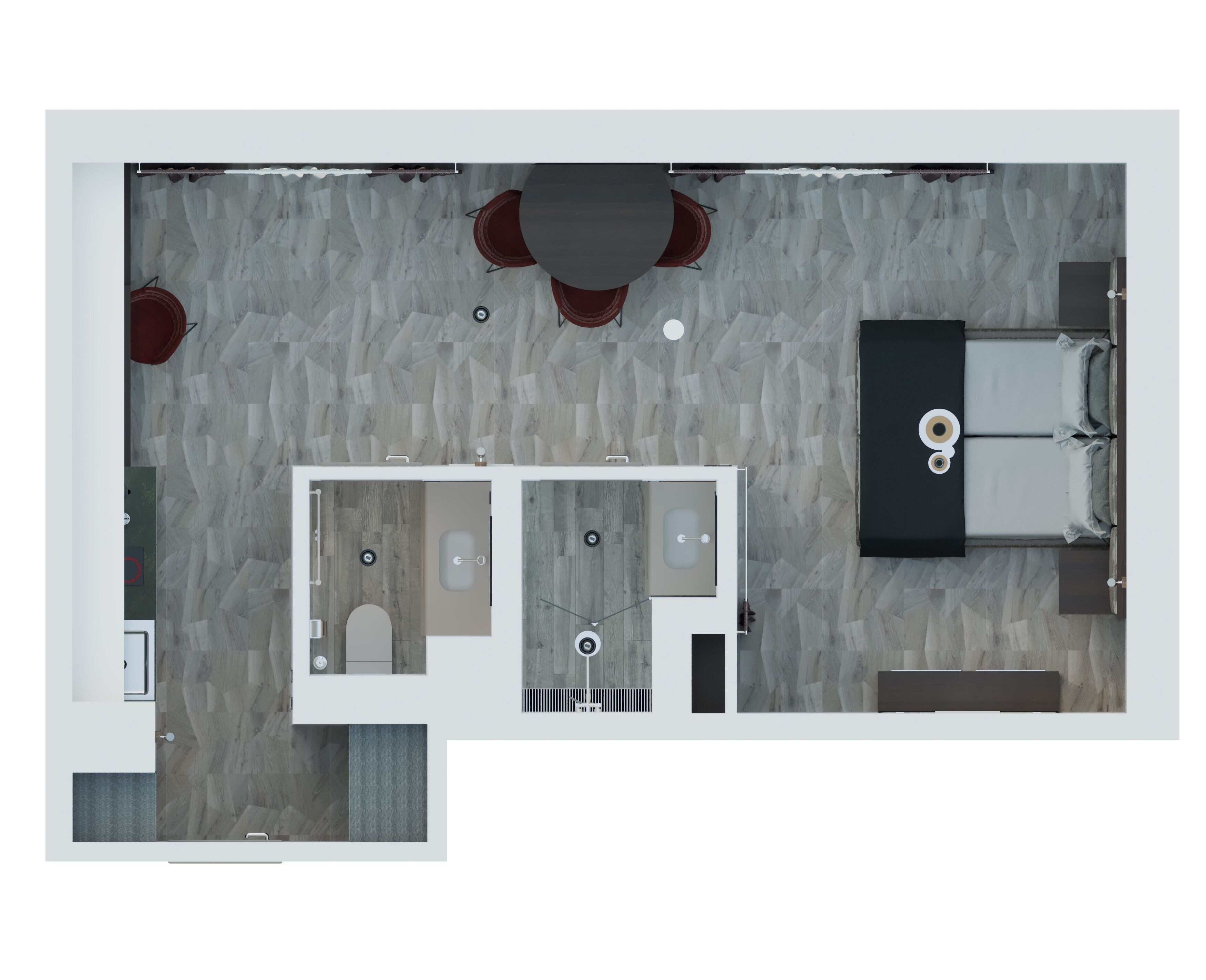 A top-down view of a hotel room with a bed, two toilets, a sink, and a small dining area with a table and chairs.