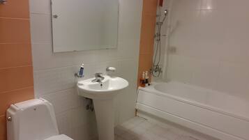 Combined shower/tub, free toiletries, hair dryer, towels
