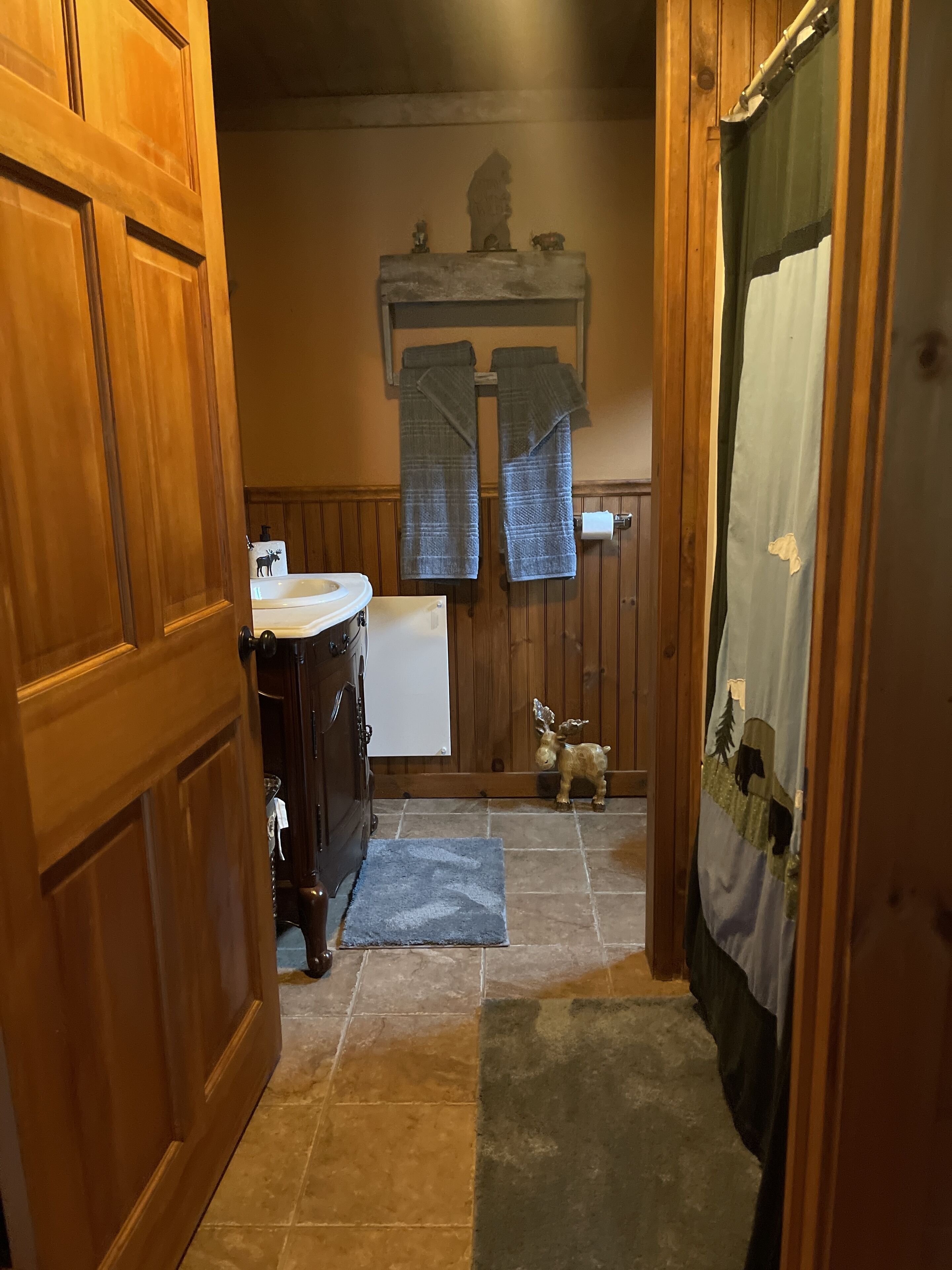 A bathroom with wooden paneling, a sink, a toilet, and a shower curtain.