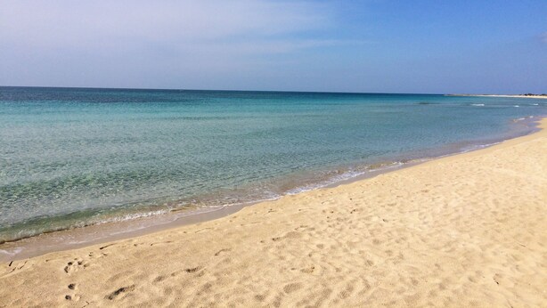 A beach with clear turquoise water and a sandy shore.