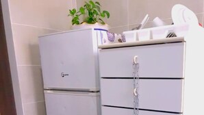 A compact kitchen with a white refrigerator, a white cabinet with multiple drawers, and a small countertop with a plant and kitchen utensils. - Cozy Rooms Rome (Rome)