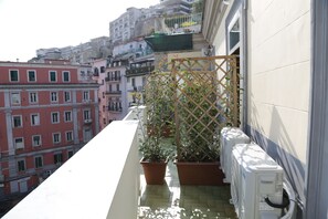 Un balcon agrémenté de plantes en pot, un climatiseur blanc et une vue sur les bâtiments voisins.