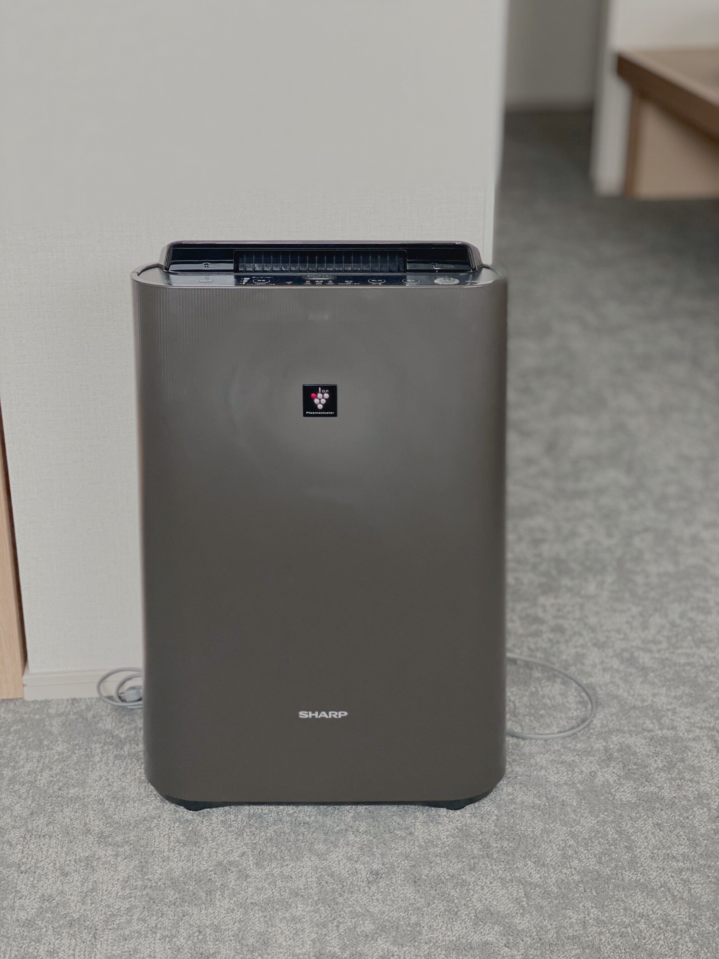 A modern, metallic air purifier with a control panel and a logo on the front, placed on a carpeted floor.