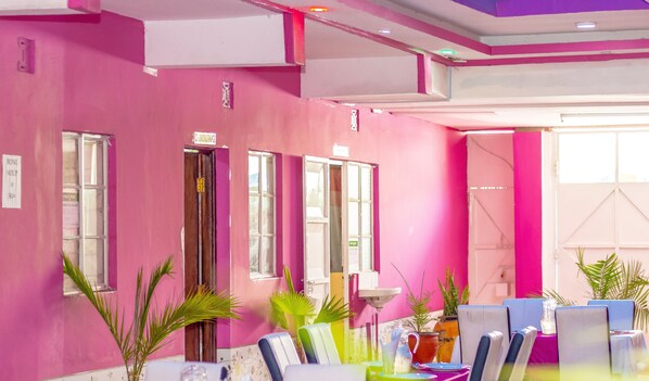 A brightly colored room with pink walls, multiple windows, and several potted plants.