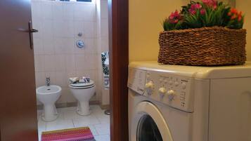 Shower, hair dryer, bidet, towels