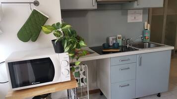 Fridge, microwave, stovetop, cookware/dishes/utensils