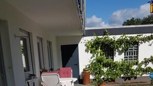 Un patio con mobiliario exterior, plantas en macetas y cielo despejado.