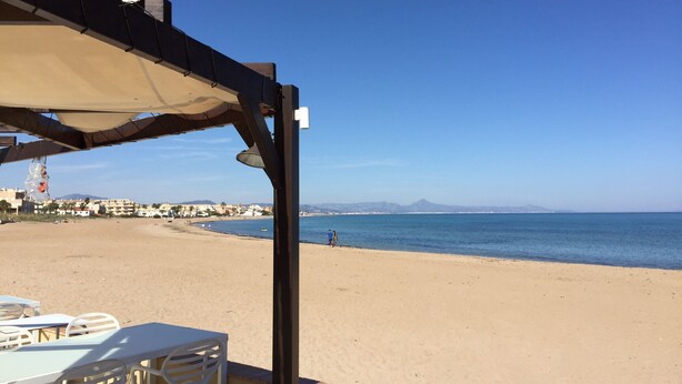 Une vue sur la plage avec un espace de repos abrité et une vue dégagée sur l’océan.