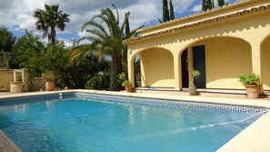 Una piscina con borde de azulejos, rodeada de palmeras y plantas en macetas.