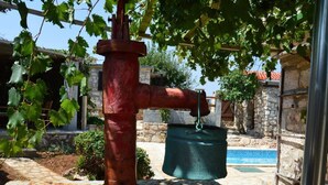 Un idrante rosso con un secchio verde attaccato, sullo sfondo di un muro in pietra e una piscina in un cortile.
