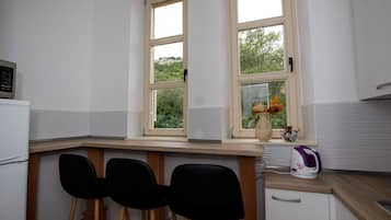 Lemari es, microwave, kompor, dan ketel listrik