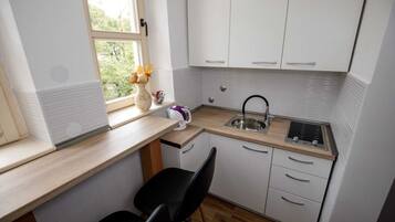 Fridge, microwave, stovetop, electric kettle