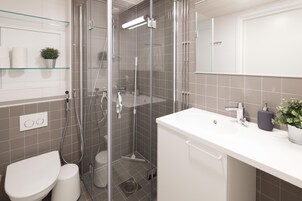 Shower, hair dryer, bidet, towels