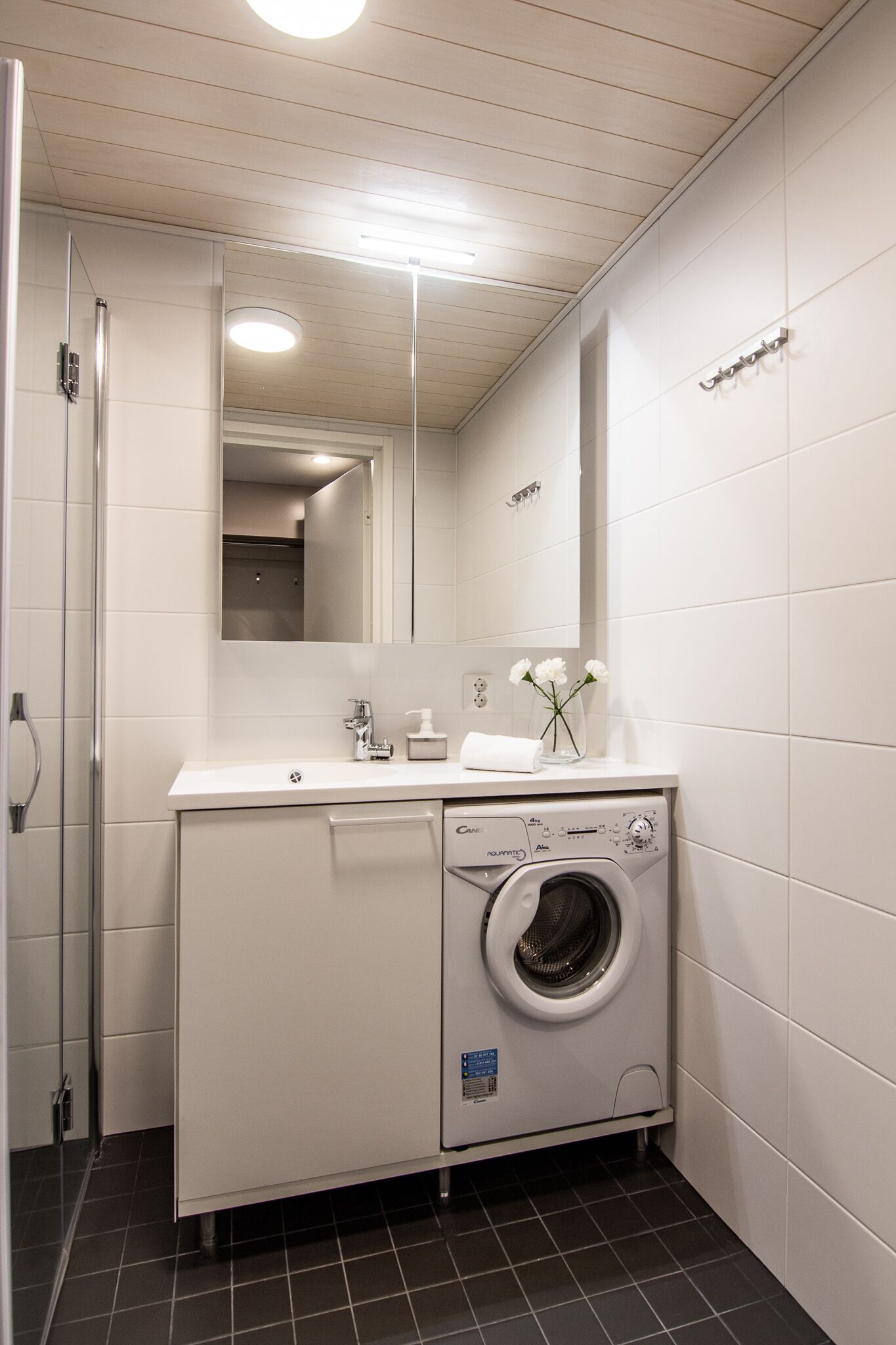 Une petite salle de bain équipée d’un lave-linge, d’un lavabo et d’un miroir.