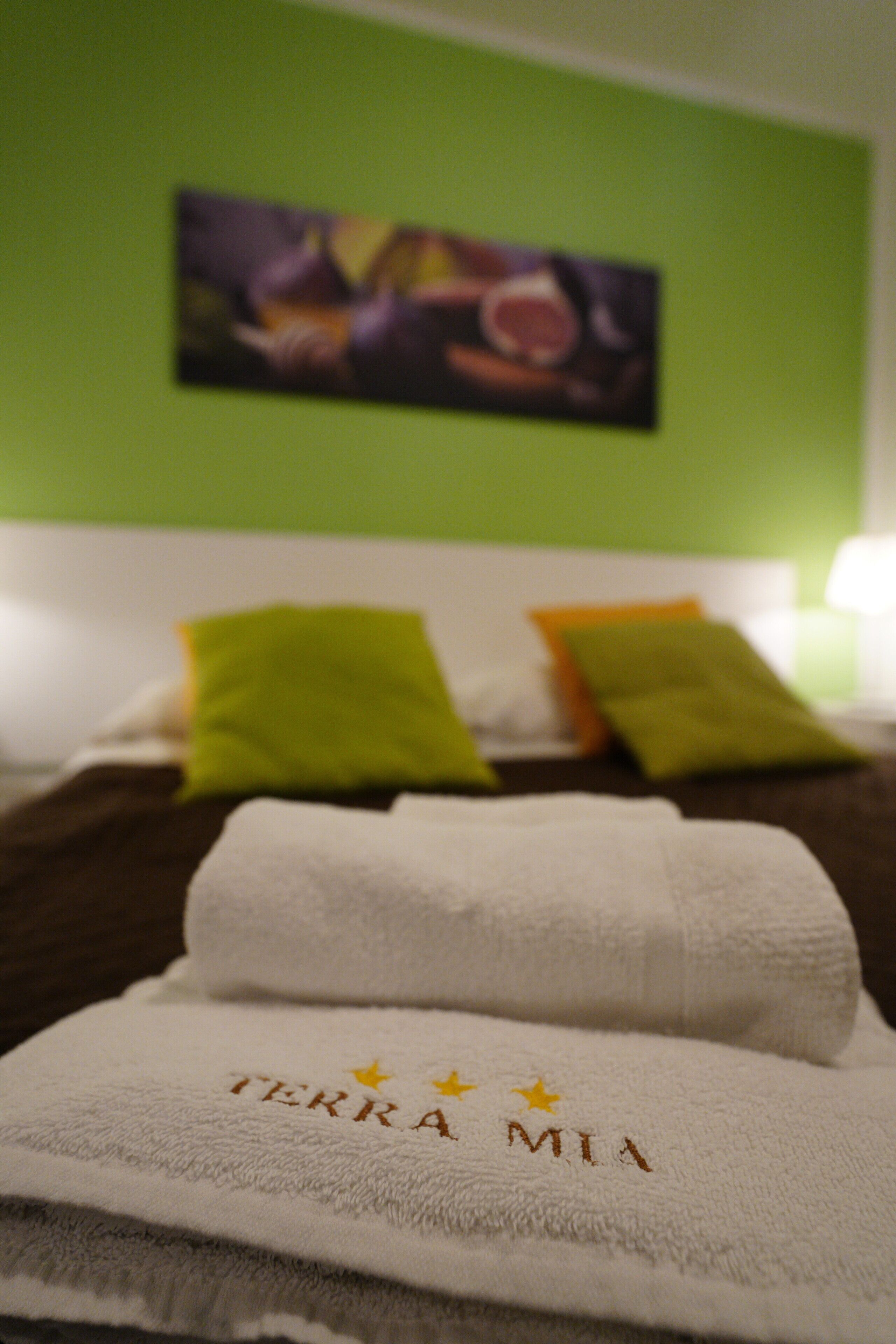 Ein ordentlich bezogenes Bett mit einem weißen Handtuch mit dem Aufdruck 'TERRA MIA' und drei Sternen, grünen und orangen Kissen sowie einer grünen Wand mit einem unscharfen Kunstwerk.