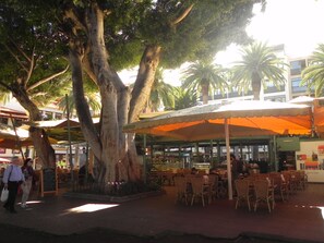 Un café al aire libre con mesas y sillas bajo un gran árbol, rodeado de edificios.
