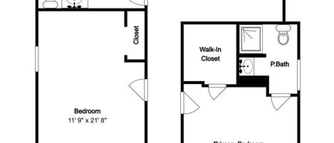 Ein Grundriss mit drei Schlafzimmern, einem begehbaren Kleiderschrank und einem Hauptschlafzimmer.