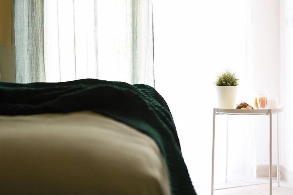 A bedroom with a bed, a small table with a plant, and a window with sheer curtains.