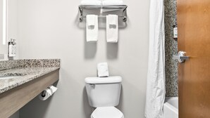 Une salle de bain moderne équipée de toilettes, d’un porte-serviettes, d’un rideau de douche et d’un comptoir en marbre.