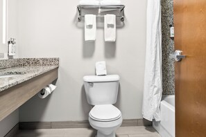 A modern bathroom with a toilet, a towel rack, a shower curtain, and a marble countertop. - Holiday Inn Express & Suites Detroit North - Roseville by IHG (Roseville)