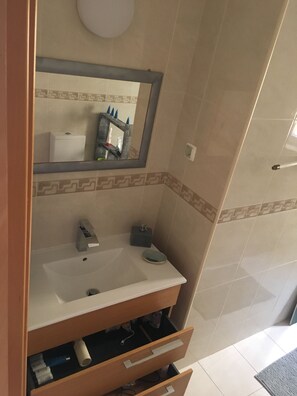 Combined shower/bathtub, hair dryer, bidet, towels