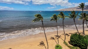 A beach with palm trees and a view of the ocean. - Sugar Beach PH31 Front Row Amazing Oceanviews in Highly Upgraded Unit (Kihei)
