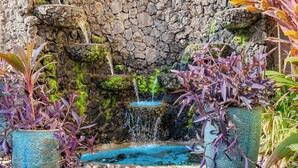 Ein Garten mit einem kleinen Teich, einer Steinmauer und verschiedenen Pflanzen.