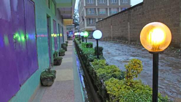 A corridor with a purple wall, potted plants, and a brick wall on one side. - Laikipia Comfort Hotel (Nyahururu)