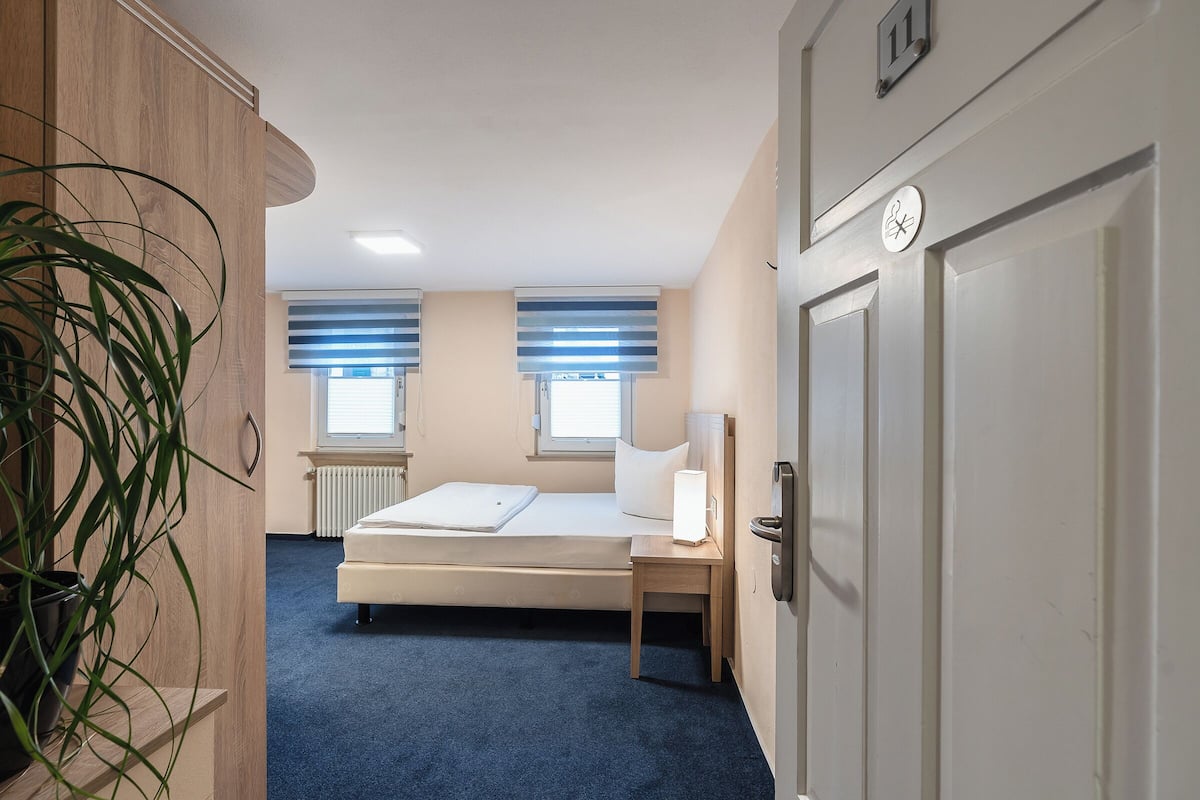 Habitación de hotel con una cama, una mesita de noche con lámpara, un radiador y una planta en maceta.