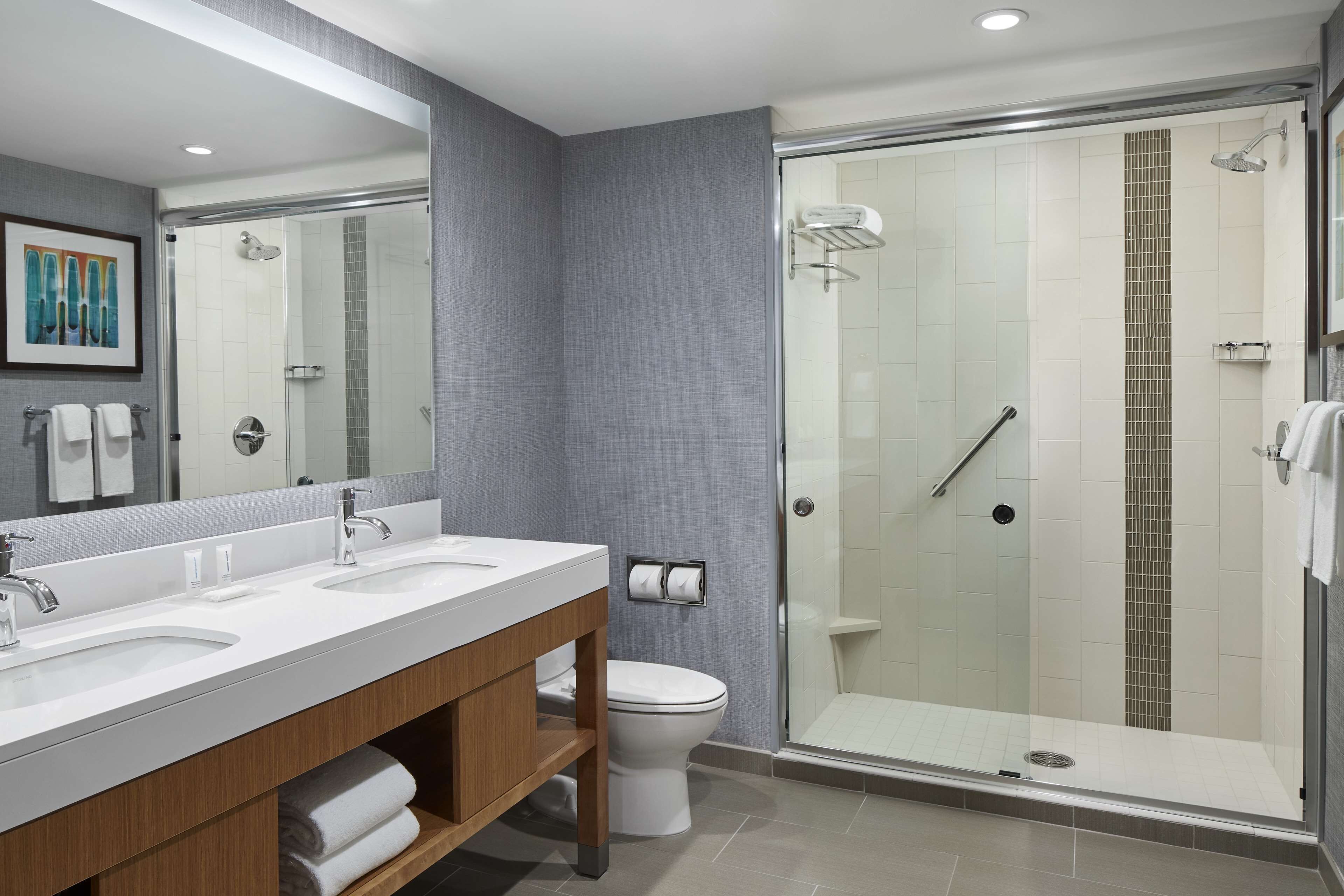 designer toiletries, hair dryer, towels