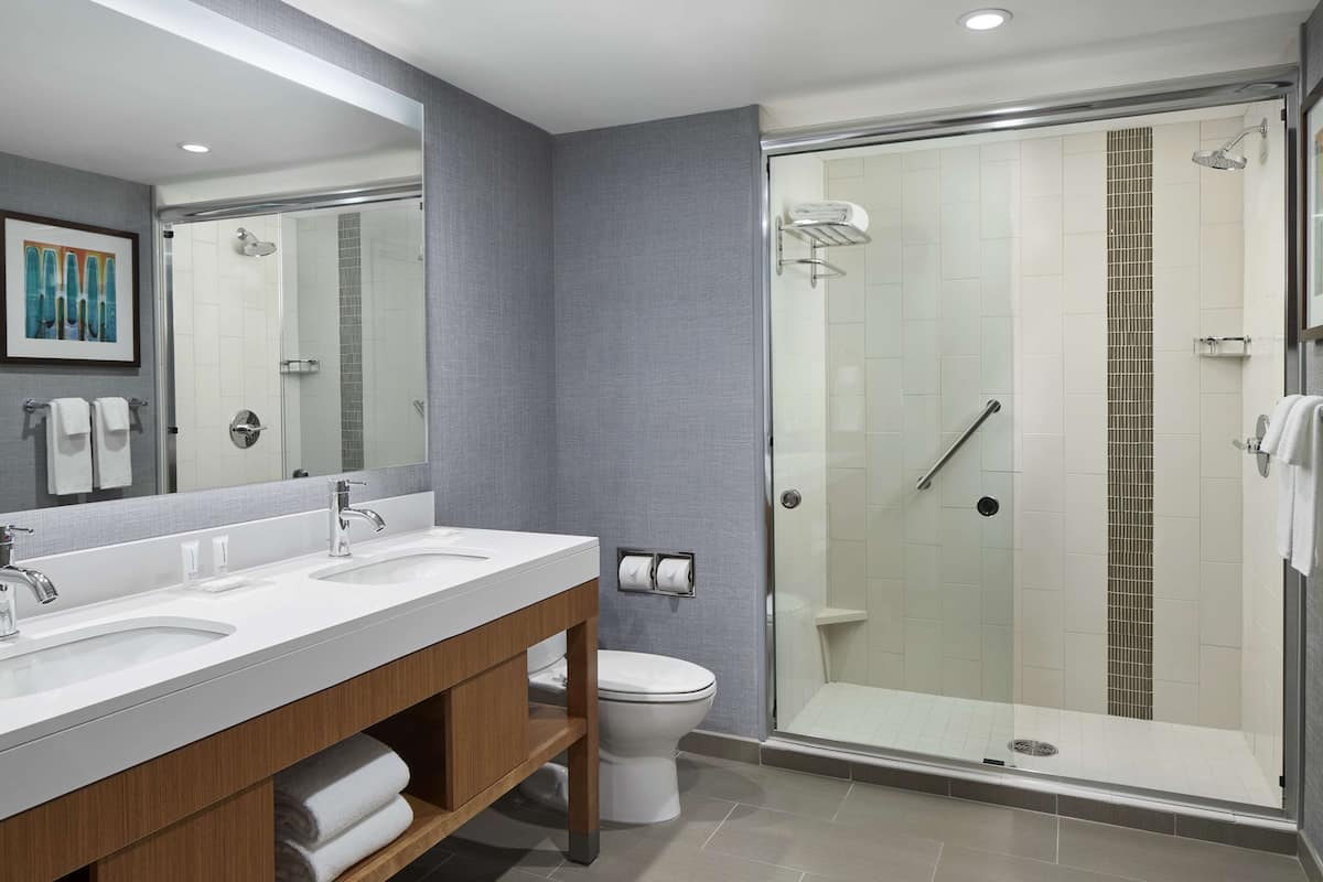 designer toiletries, hair dryer, towels