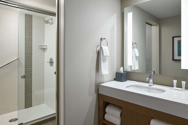A modern bathroom with a glass shower enclosure, a white sink, and a large mirror.