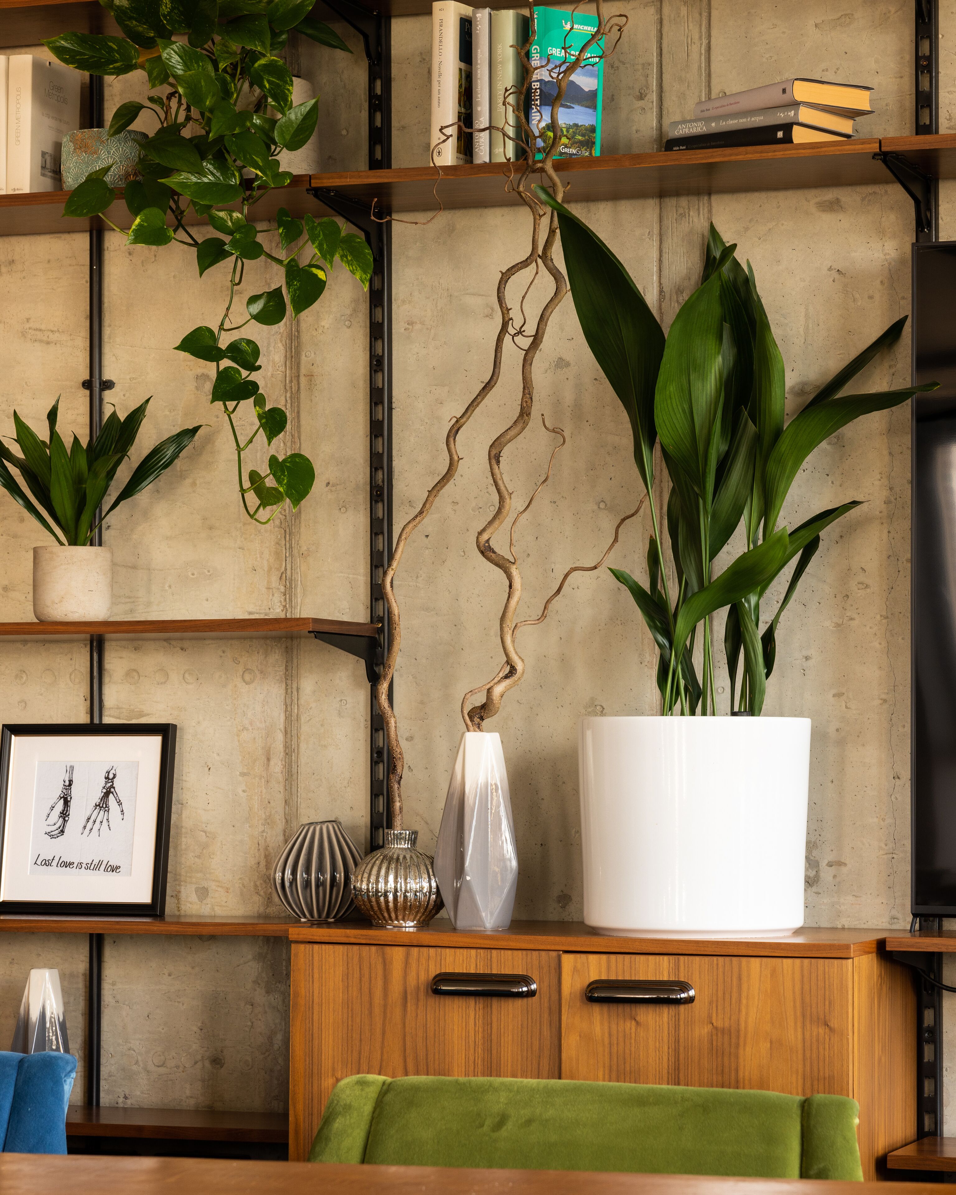 Una habitación con un armario de madera, un sofá verde y una planta en maceta.