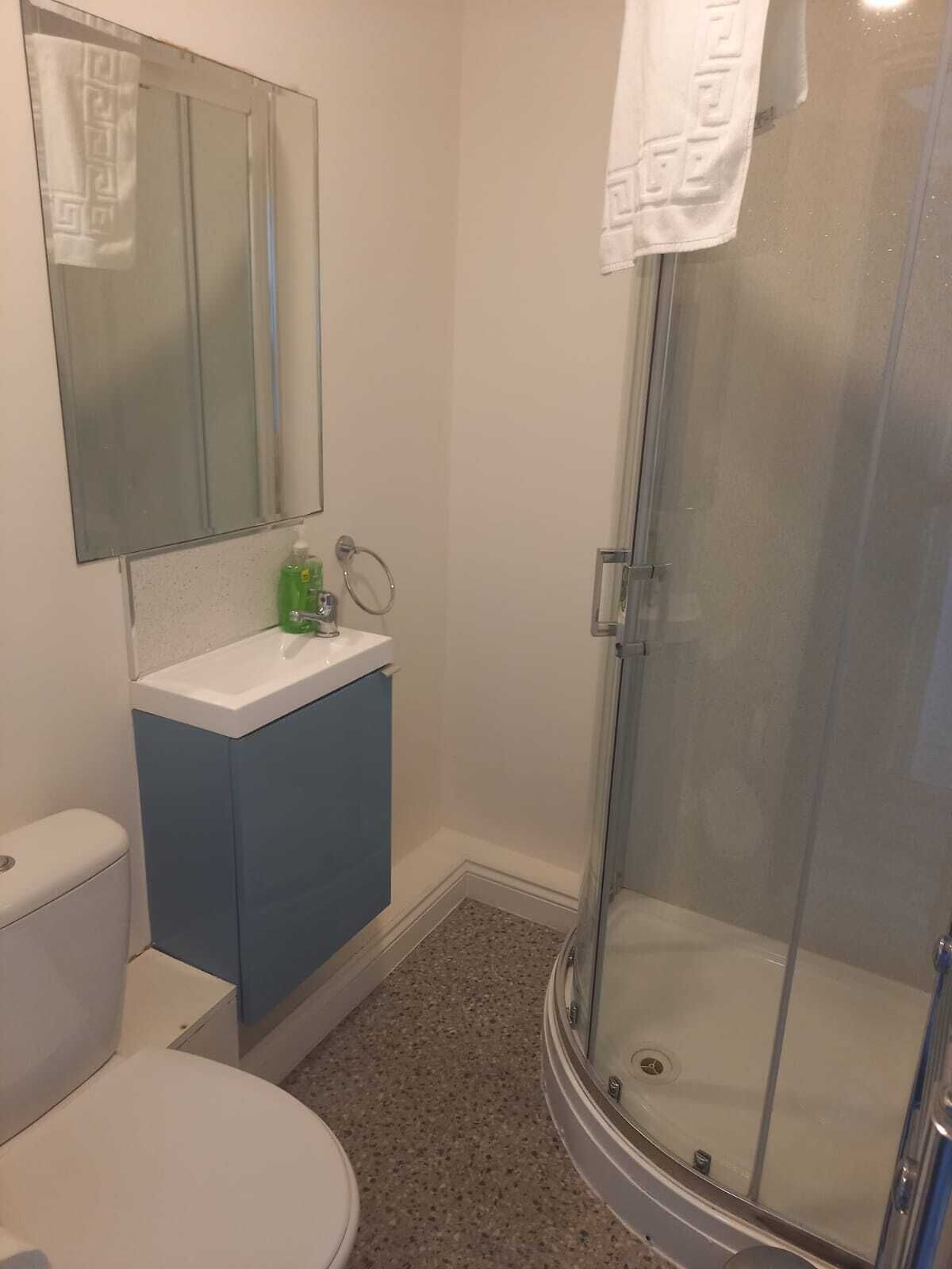 A bathroom with a toilet, a sink with a mirror above it, and a glass-enclosed shower.