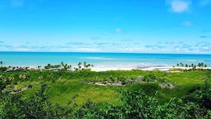 A coastal landscape with a beach, palm trees, and a clear blue sky. - Pousada Segredos de Trancoso (Porto Seguro)