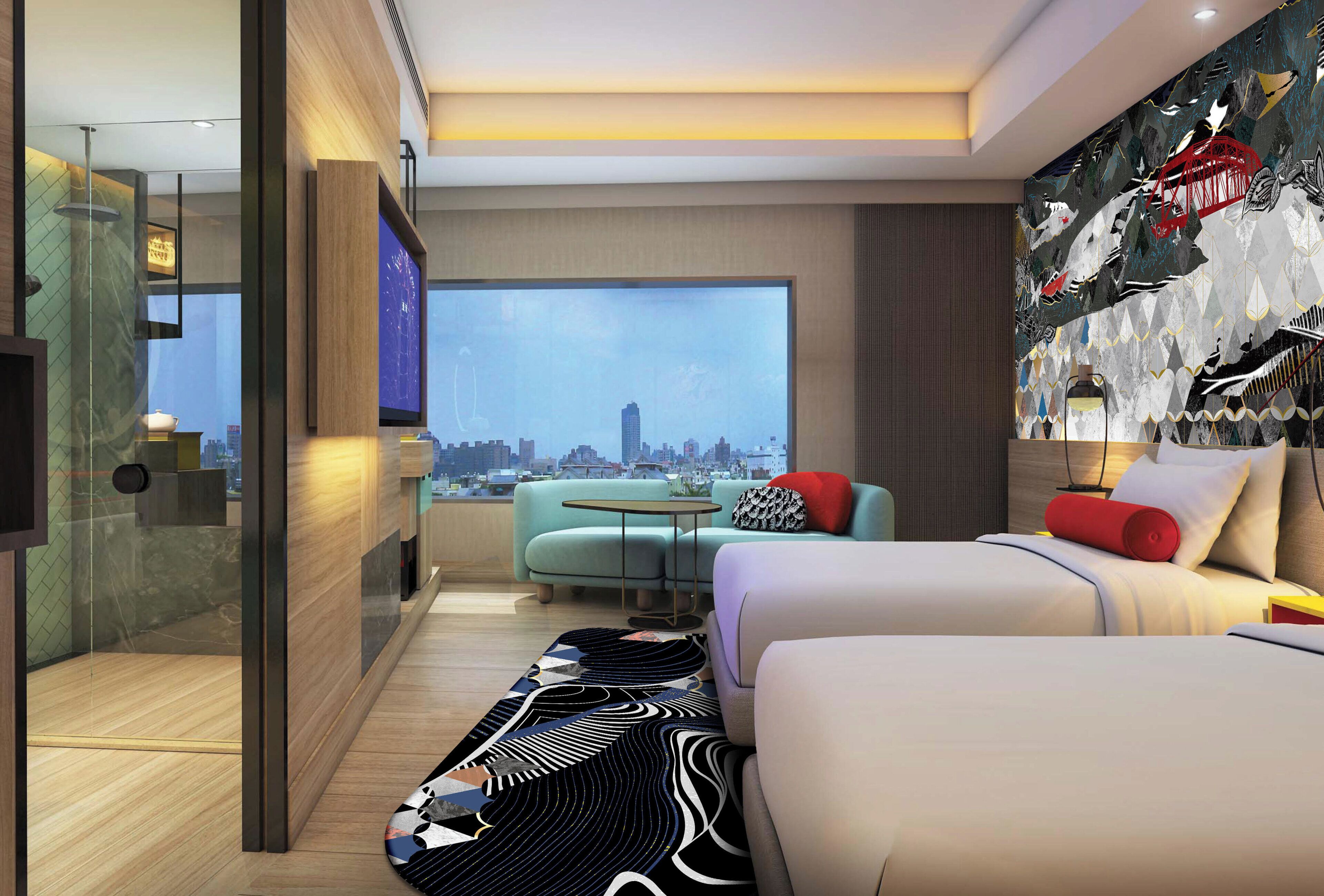 A modern hotel room with a city view, a large bed, a sofa, and a TV.