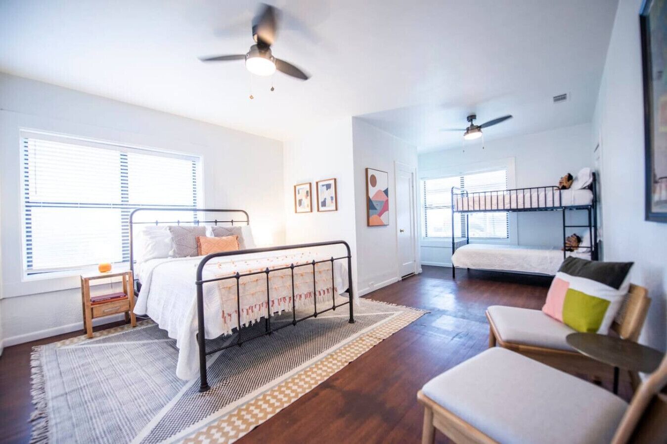 2 bedrooms, desk, iron/ironing board, travel crib