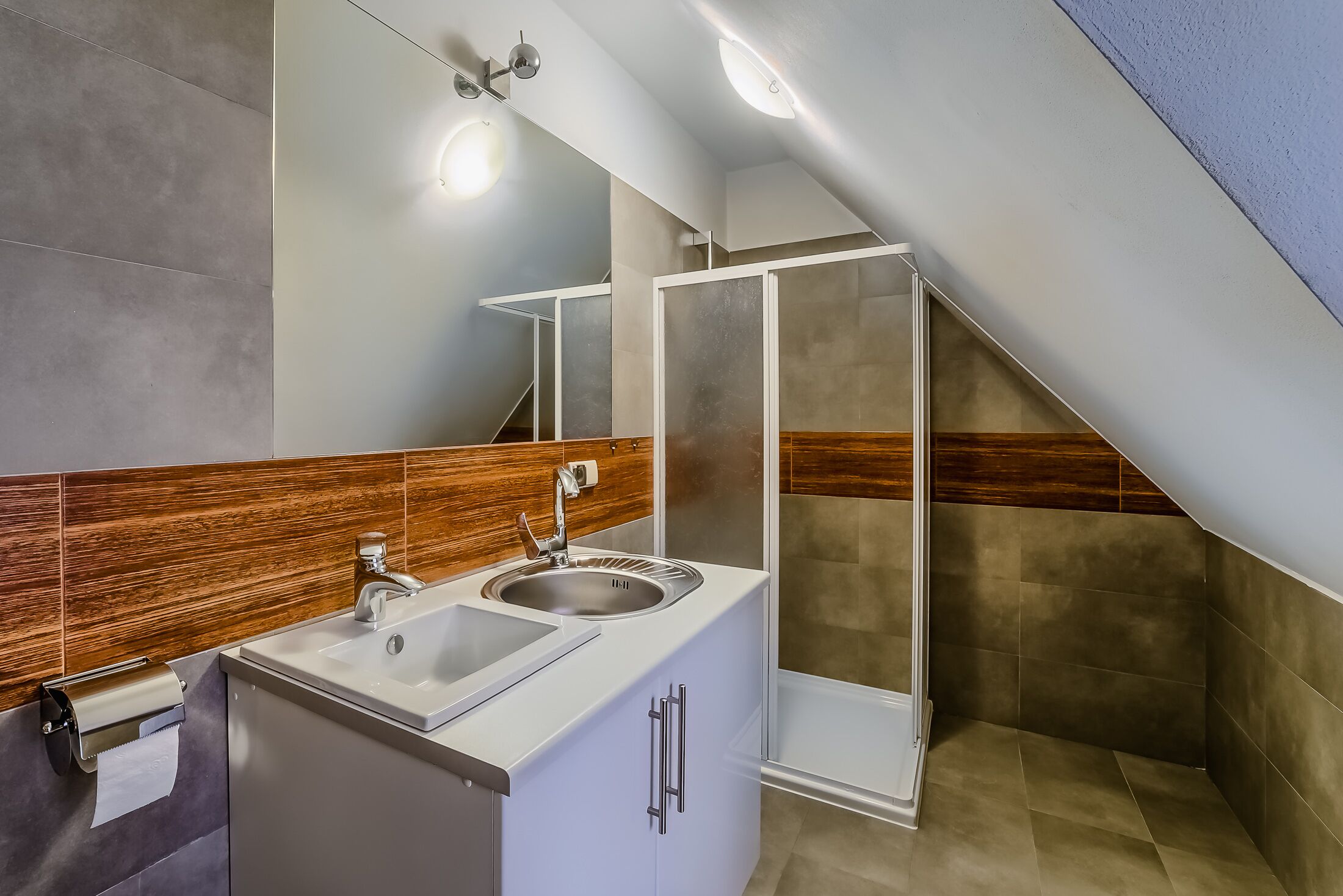 A modern bathroom with two sinks, a mirror, and a shower enclosure.