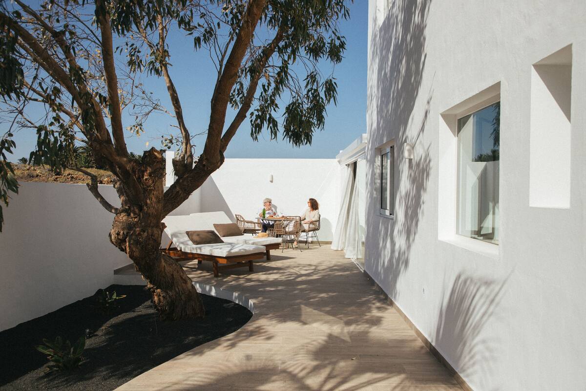 A modern outdoor patio with a dining table and chairs, a large tree, and a white building with large windows.
