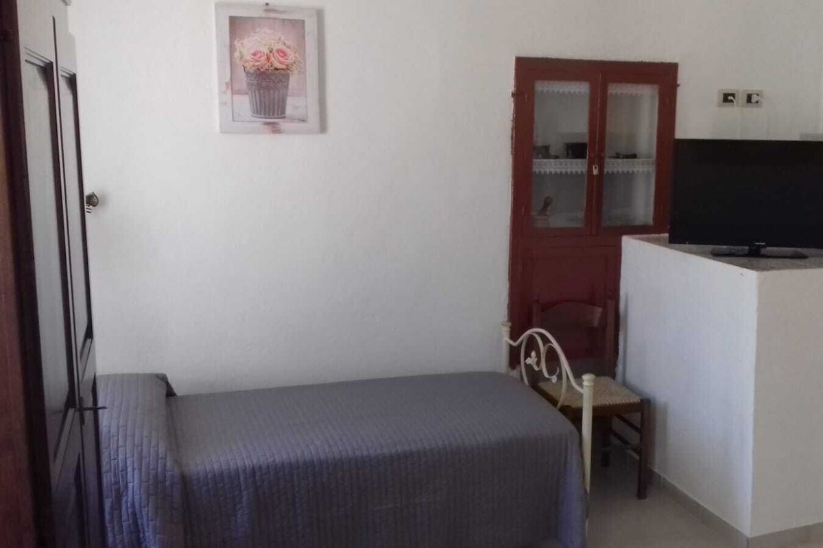 A small room with a bed, a desk with a television, a chair, and a door with a mirror.