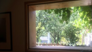A window with a view of a tree-lined street and a building with a sign.