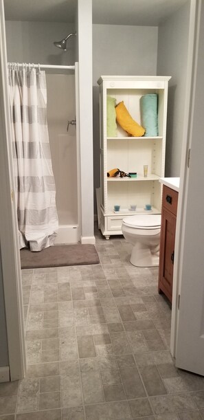 Hair dryer, towels, soap, shampoo