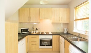 Compact kitchen with microwave, stove, and dishwasher, featuring a window with blinds and overhead lighting.