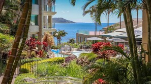 Un complexe hôtelier doté d’une piscine, de palmiers et offrant une vue sur l’océan.
